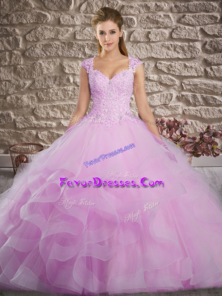  Lace Up Quinceanera Gowns Lilac for Military Ball and Sweet 16 and Quinceanera with Lace and Ruffles Brush Train