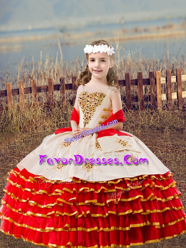  Ball Gowns Little Girl Pageant Gowns Red Straps Organza Sleeveless Floor Length Lace Up