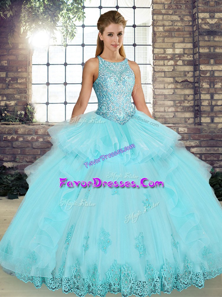  Aqua Blue Vestidos de Quinceanera Military Ball and Sweet 16 and Quinceanera with Lace and Embroidery and Ruffles Scoop Sleeveless Lace Up