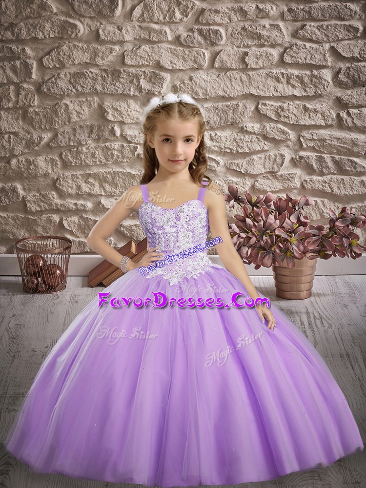 Dazzling Lace Up Kids Formal Wear Lavender for Wedding Party with Appliques Sweep Train