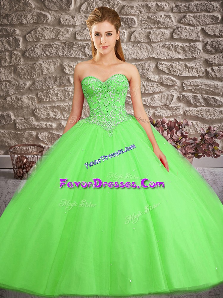 Glorious Green Ball Gowns Sweetheart Sleeveless Tulle Brush Train Lace Up Beading Sweet 16 Quinceanera Dress