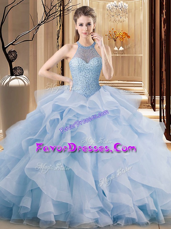 Gorgeous Blue Organza Lace Up Halter Top Sleeveless 15 Quinceanera Dress Brush Train Beading and Ruffles