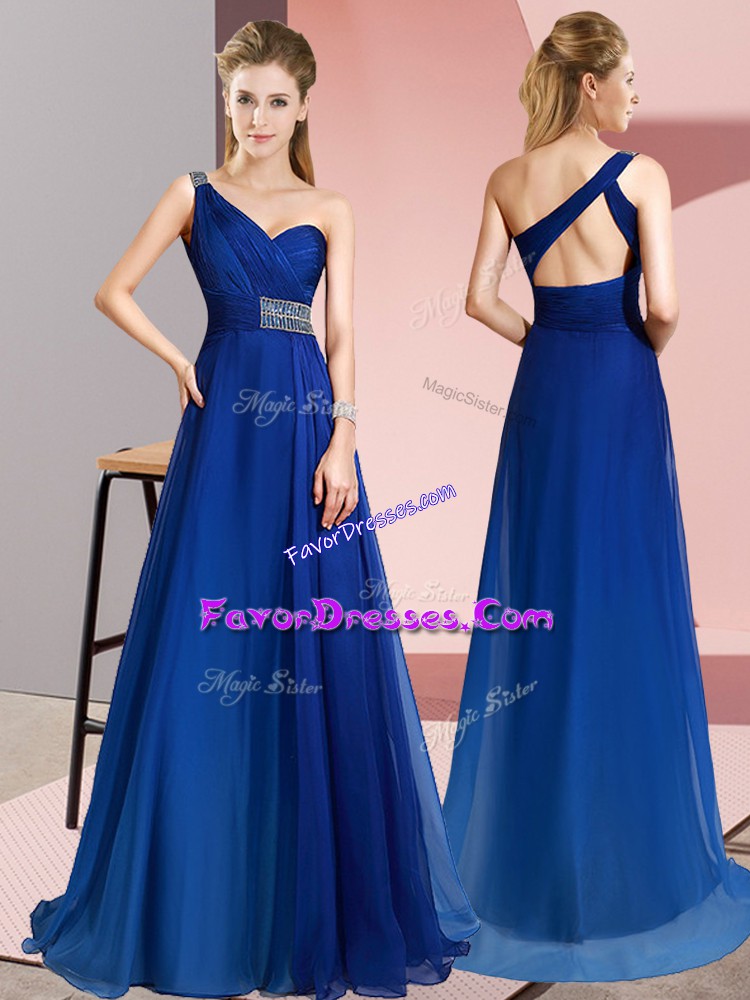 Classical One Shoulder Sleeveless Prom Gown Brush Train Beading Blue Chiffon