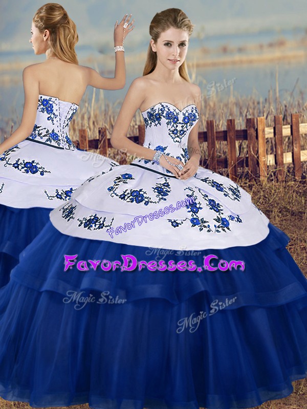  Floor Length Royal Blue Vestidos de Quinceanera Tulle Sleeveless Embroidery