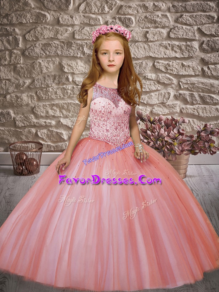 Attractive Sleeveless Floor Length Beading Lace Up Little Girls Pageant Dress Wholesale with Watermelon Red