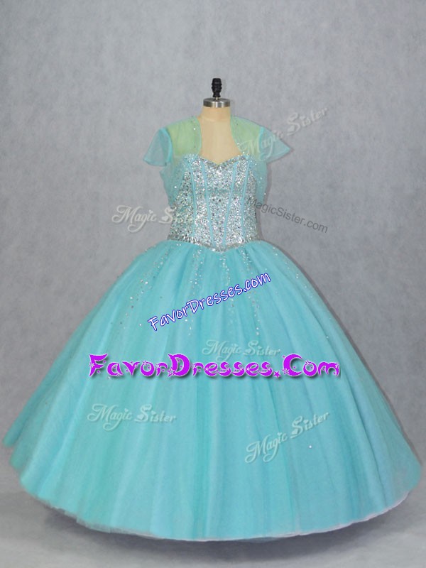 Romantic Ball Gowns Ball Gown Prom Dress Aqua Blue Sweetheart Tulle Sleeveless Floor Length Lace Up