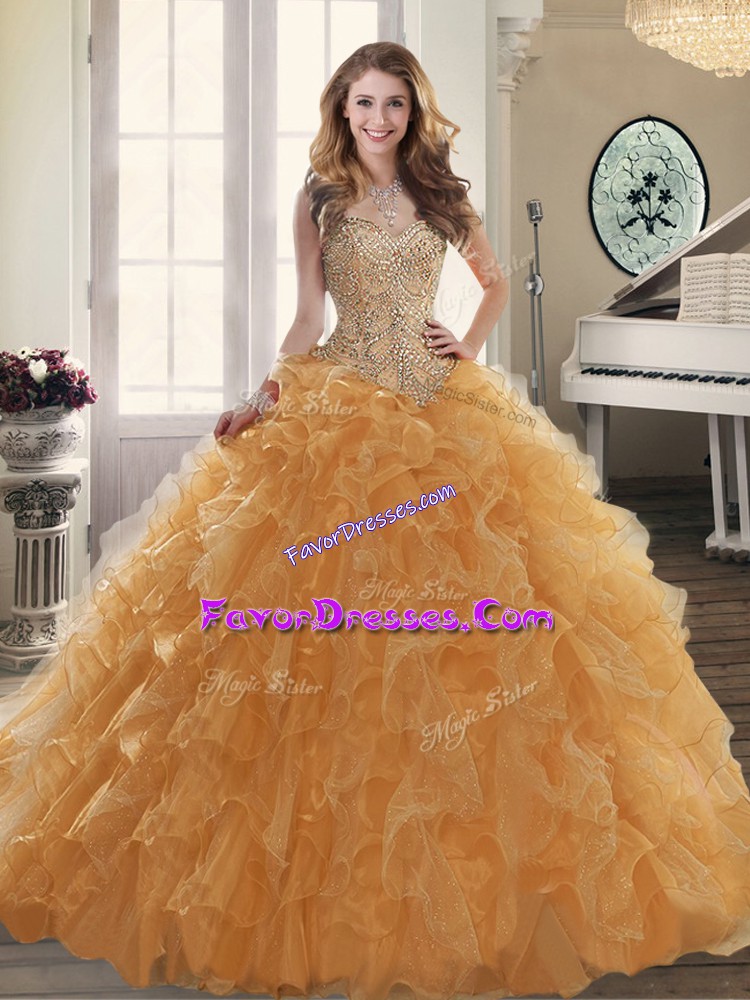  Gold Sweet 16 Dresses Military Ball and Sweet 16 and Quinceanera with Beading and Ruffles Sweetheart Sleeveless Brush Train Lace Up