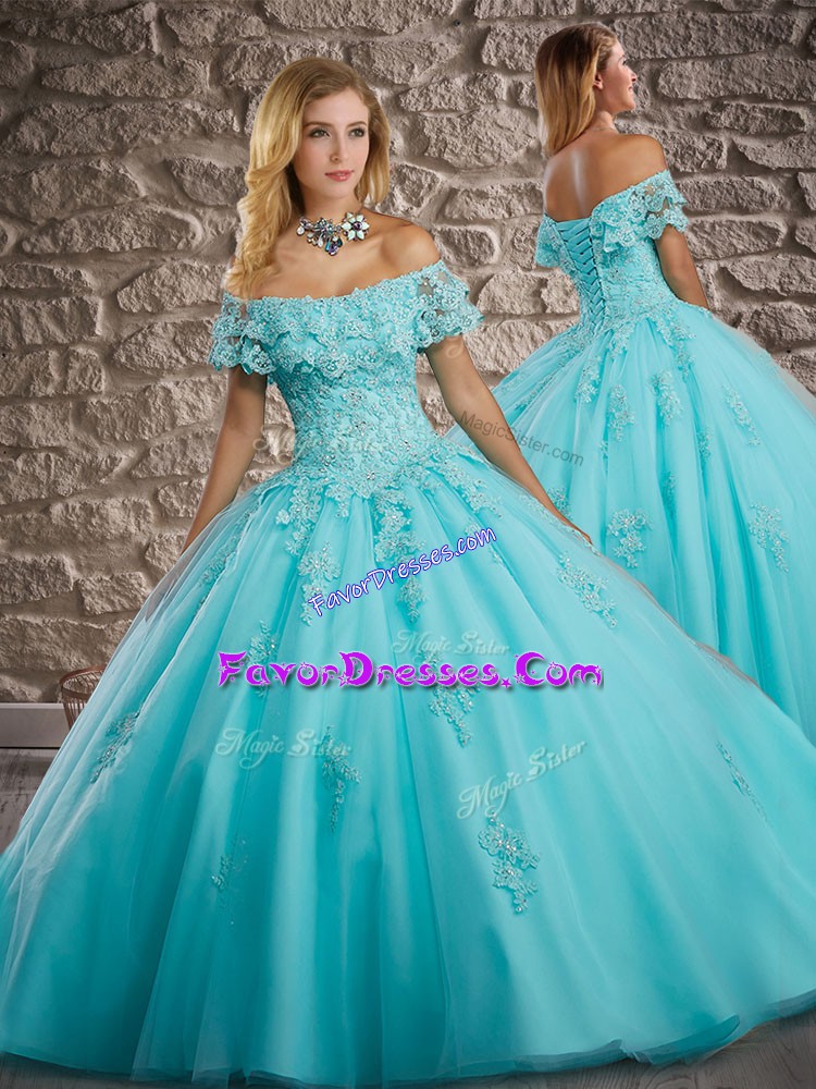  Brush Train Ball Gowns Sweet 16 Dresses Aqua Blue Off The Shoulder Tulle Short Sleeves Lace Up