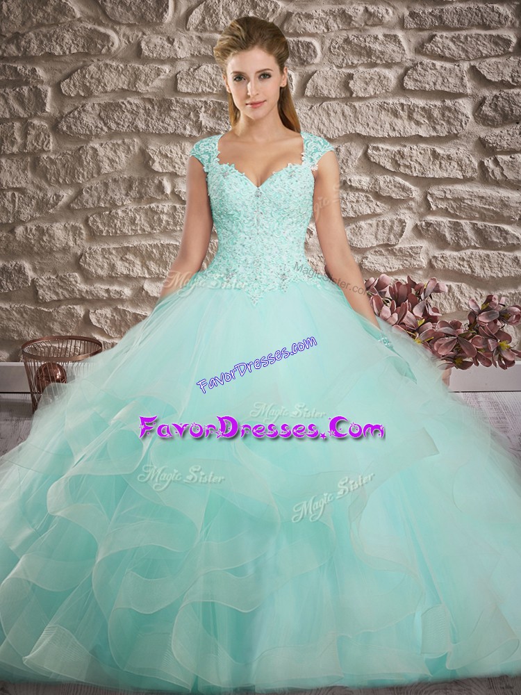  Apple Green Ball Gowns Lace and Ruffles Quinceanera Gowns Lace Up Tulle Sleeveless