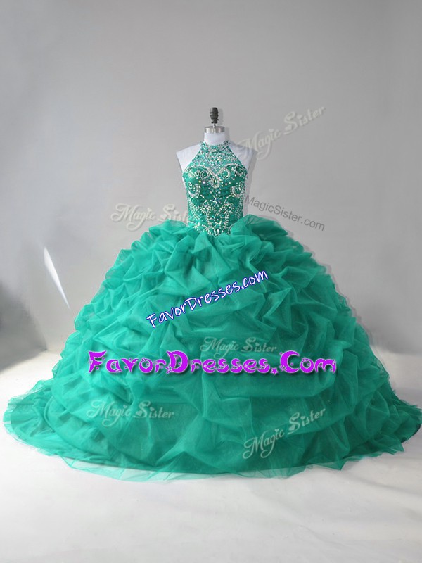  Lace Up Quince Ball Gowns Turquoise for Sweet 16 and Quinceanera with Beading and Pick Ups Court Train