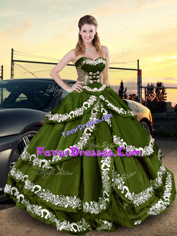 Popular Olive Green Lace Up Sweetheart Embroidery and Ruffled Layers Ball Gown Prom Dress Taffeta Sleeveless