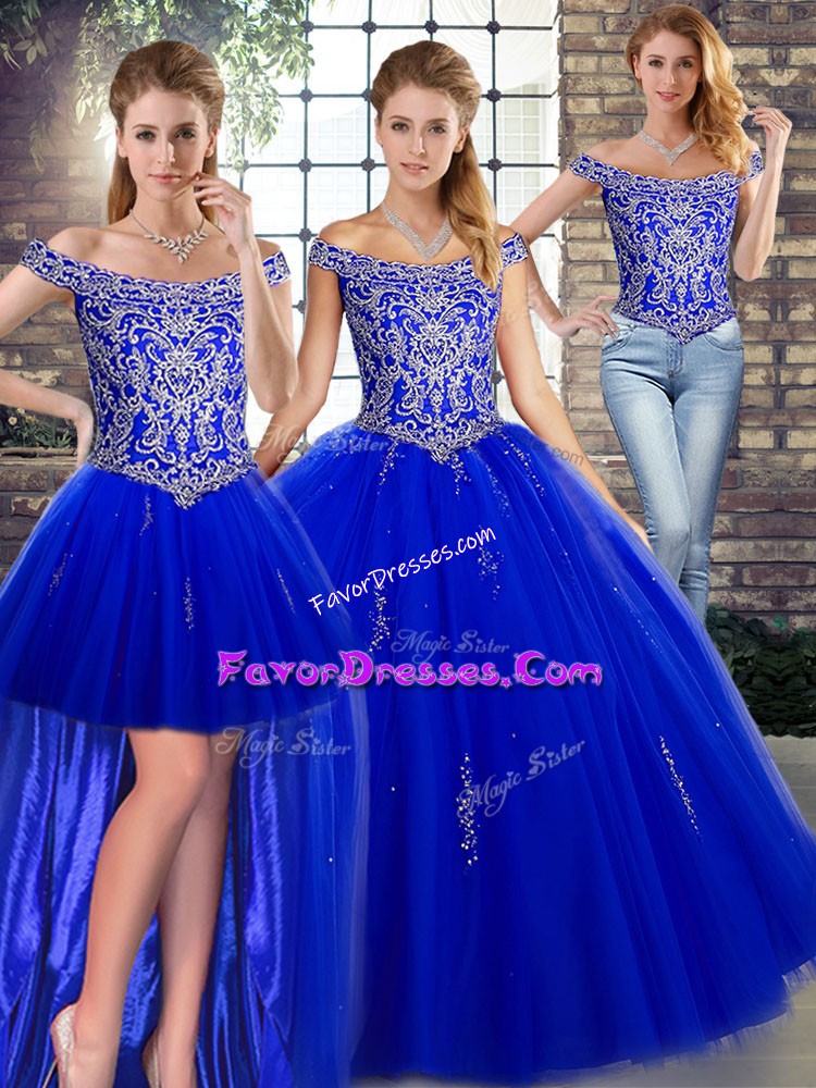 Amazing Floor Length Royal Blue Quinceanera Gown Off The Shoulder Sleeveless Lace Up