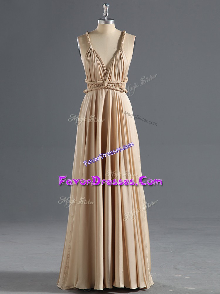  Ruching Prom Party Dress Champagne Criss Cross Sleeveless Floor Length