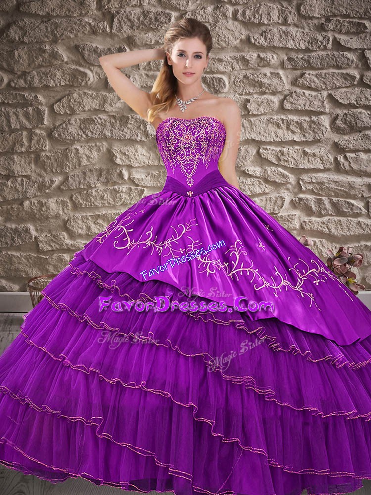 Elegant Purple Sleeveless Floor Length Embroidery and Ruffled Layers Lace Up Vestidos de Quinceanera