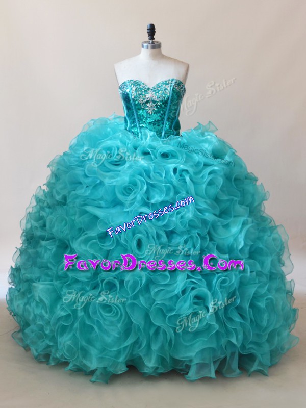  Aqua Blue Fabric With Rolling Flowers Sweetheart Sleeveless Floor Length Quinceanera Gown Ruffles and Sequins