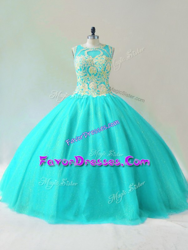 Wonderful Floor Length Aqua Blue 15th Birthday Dress Scoop Sleeveless Lace Up
