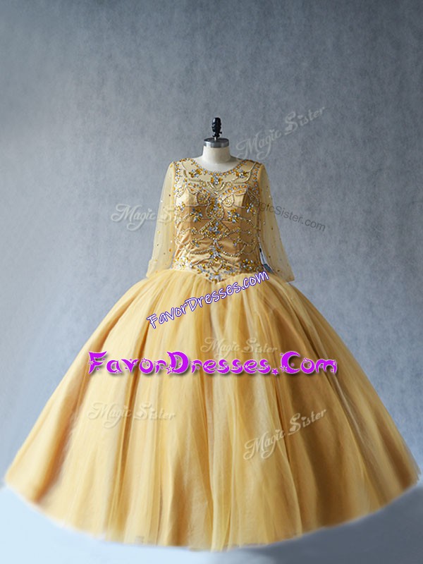 Fine Floor Length Gold Sweet 16 Dresses Tulle Sleeveless Beading