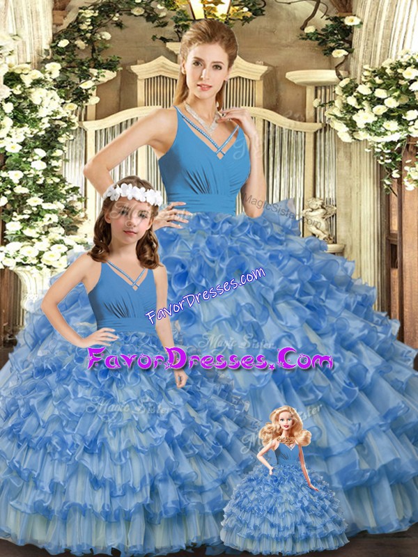 Comfortable V-neck Sleeveless Backless Quince Ball Gowns Blue Organza