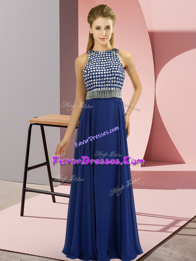  Blue Empire Beading Prom Gown Side Zipper Organza Sleeveless Floor Length