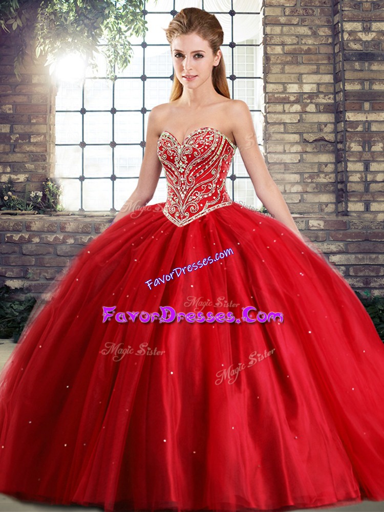  Sweetheart Sleeveless Brush Train Lace Up Quinceanera Gowns Red Tulle
