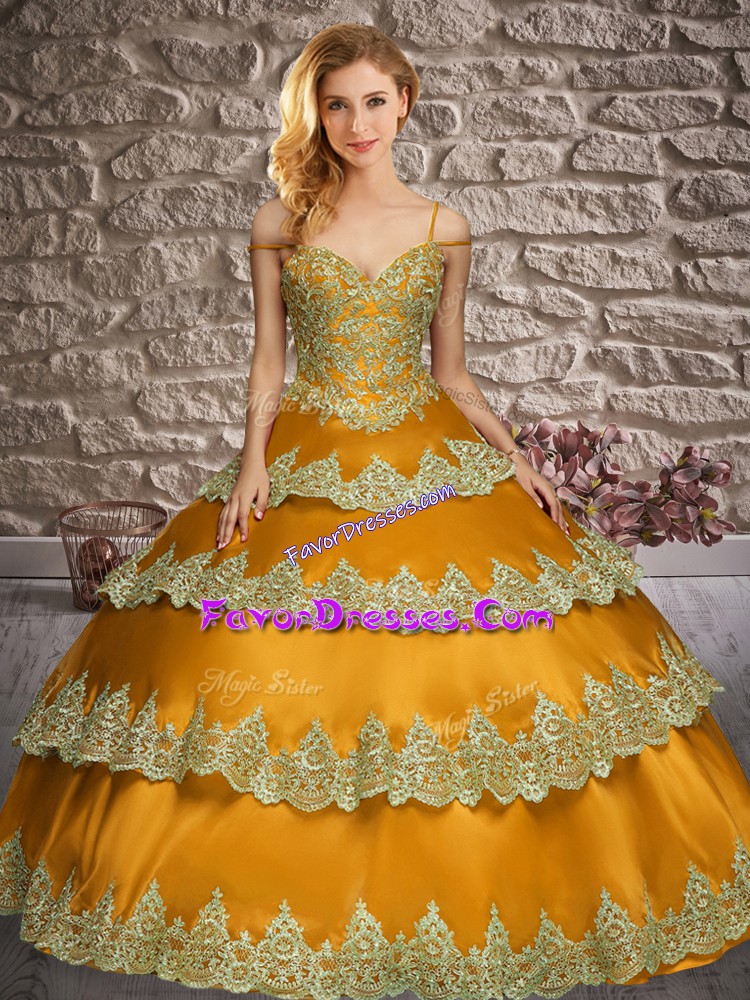  Orange Sleeveless Floor Length Appliques and Ruffled Layers Lace Up Quince Ball Gowns