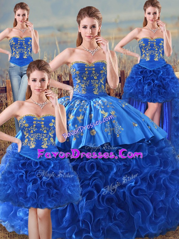 Superior Sweetheart Sleeveless 15 Quinceanera Dress Floor Length Embroidery and Ruffles Royal Blue Fabric With Rolling Flowers