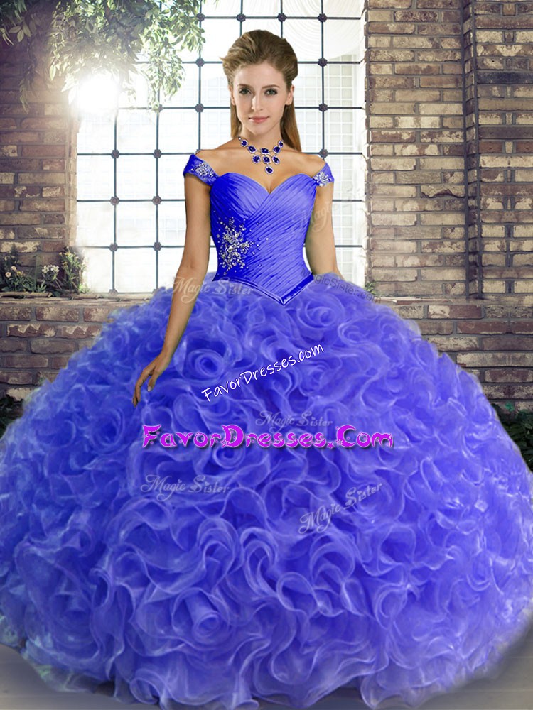 High End Blue Fabric With Rolling Flowers Lace Up Off The Shoulder Sleeveless Floor Length Vestidos de Quinceanera Beading