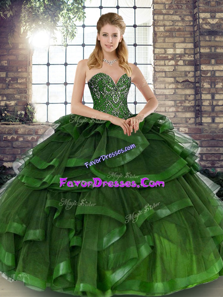Graceful Sleeveless Tulle Floor Length Lace Up Quinceanera Dress in Green with Beading and Ruffles