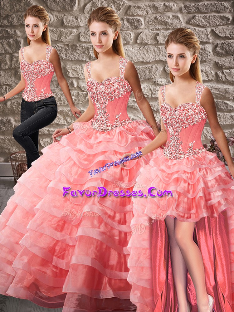  Straps Sleeveless Ball Gown Prom Dress Court Train Beading and Ruffled Layers Watermelon Red Organza
