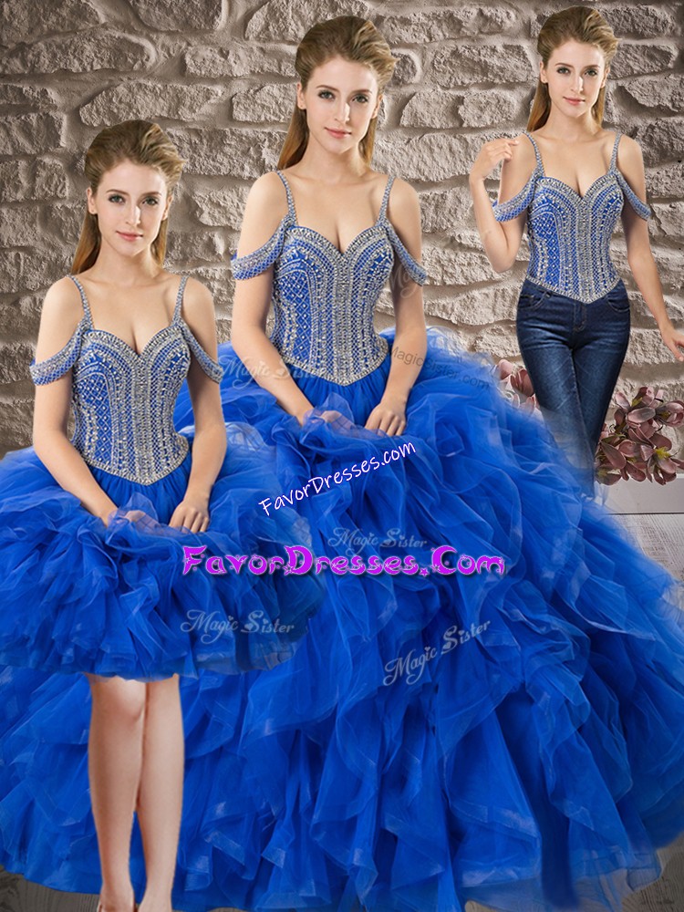 Cute Royal Blue Tulle Lace Up Off The Shoulder Sleeveless Floor Length Quince Ball Gowns Beading and Ruffles