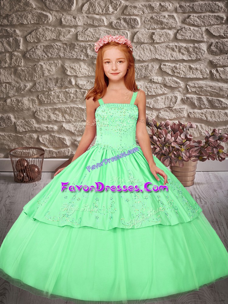  Straps Sleeveless Satin and Tulle Little Girls Pageant Gowns Embroidery Sweep Train Lace Up