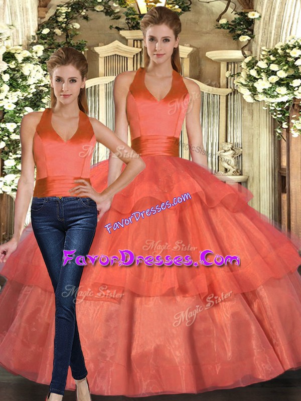  Orange Quinceanera Gown Sweet 16 and Quinceanera with Ruffled Layers Halter Top Sleeveless Lace Up