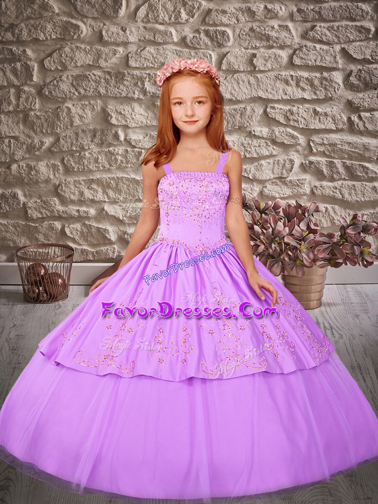  Lavender Girls Pageant Dresses Wedding Party with Embroidery Straps Sleeveless Sweep Train Lace Up