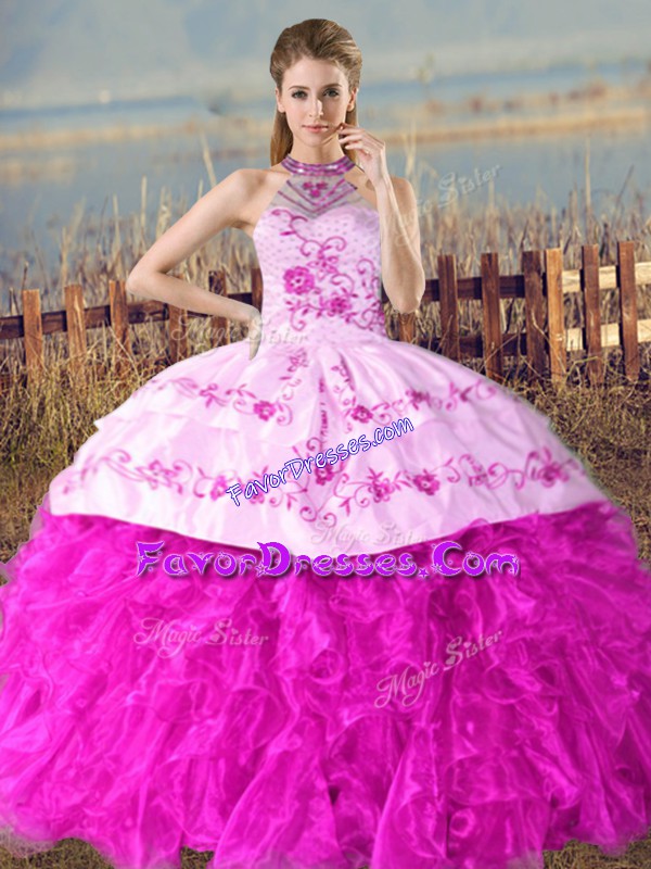 Glorious Sleeveless Embroidery and Ruffles Lace Up Quinceanera Dress with Fuchsia Court Train