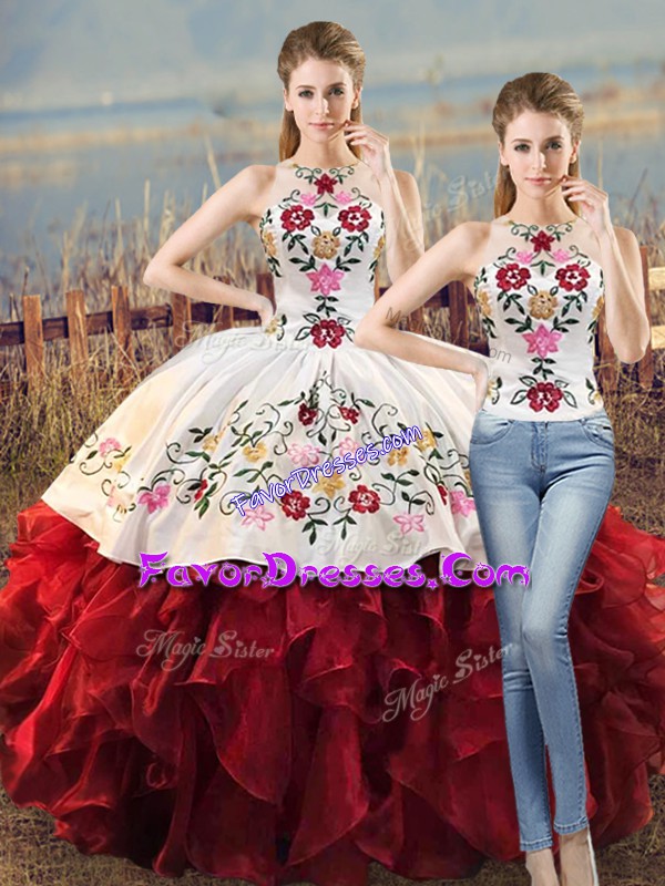Traditional Floor Length White And Red 15 Quinceanera Dress Organza Sleeveless Embroidery and Ruffles