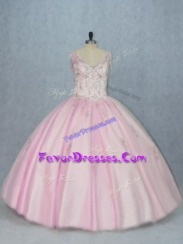 Sweet V-neck Sleeveless Backless 15th Birthday Dress Baby Pink Tulle