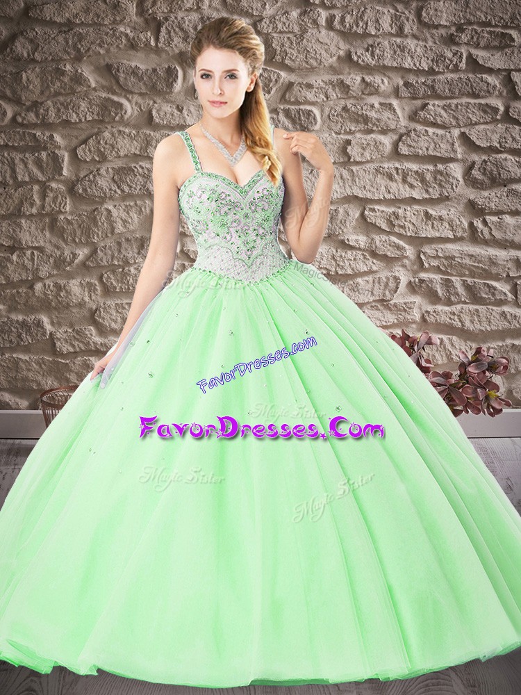 Cute Apple Green Quinceanera Gown Military Ball and Sweet 16 and Quinceanera with Beading and Lace Straps Sleeveless Lace Up