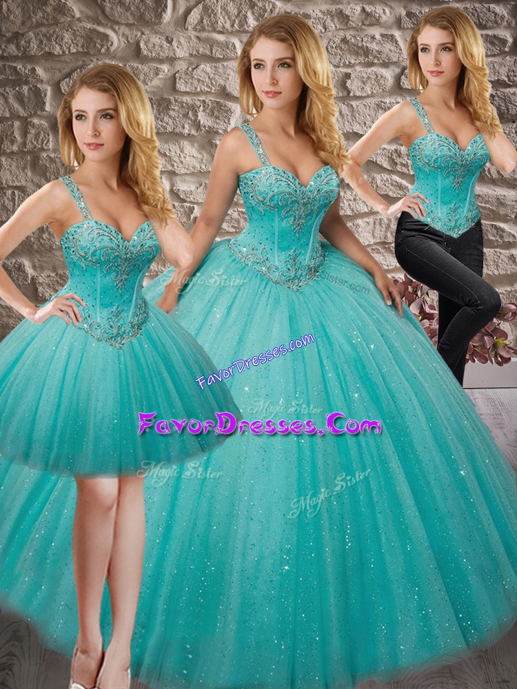 Delicate Aqua Blue Three Pieces Tulle Straps Sleeveless Beading Floor Length Lace Up Quinceanera Gown