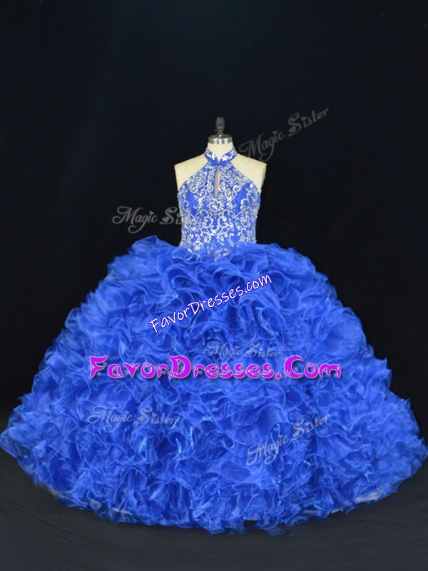  Royal Blue Sleeveless Organza Lace Up Quince Ball Gowns for Sweet 16 and Quinceanera