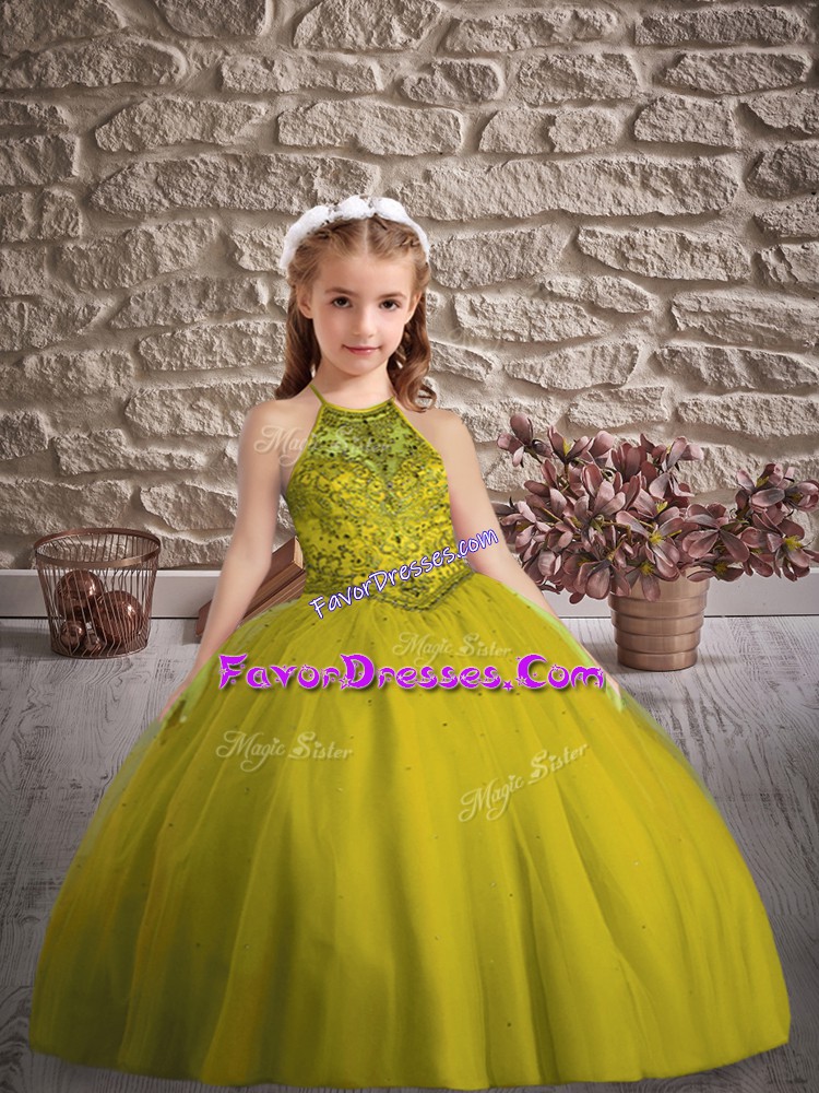  Olive Green Halter Top Criss Cross Beading Little Girl Pageant Gowns Sweep Train Sleeveless