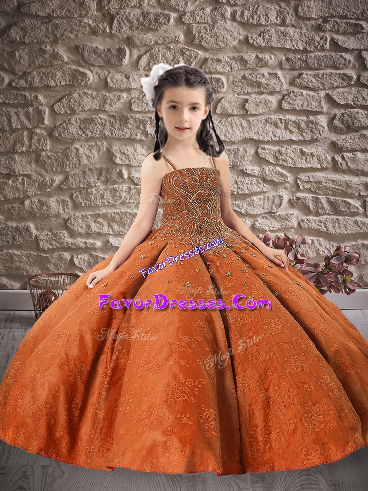 Most Popular Ball Gowns Little Girls Pageant Dress Wholesale Orange Red Spaghetti Straps Satin Sleeveless Floor Length Lace Up