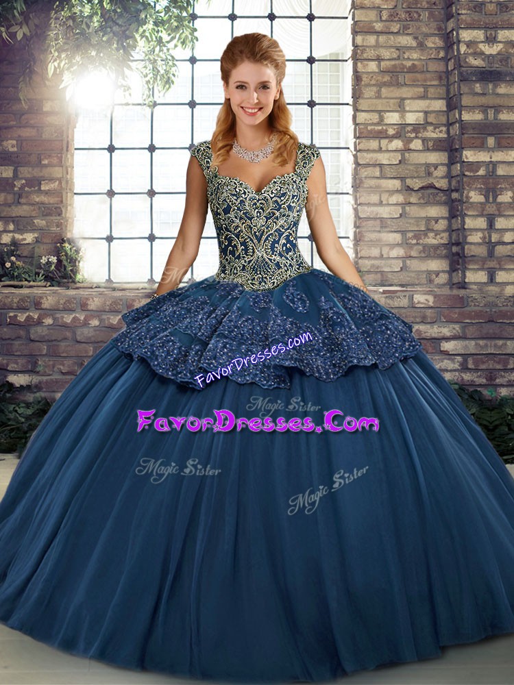  Navy Blue Quinceanera Gowns Military Ball and Sweet 16 and Quinceanera with Beading and Appliques Straps Sleeveless Lace Up