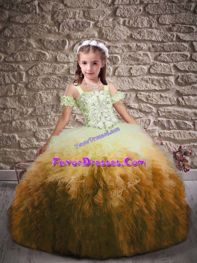 Fantastic Tulle Straps Sleeveless Sweep Train Lace Up Beading and Ruffles Pageant Gowns For Girls in Multi-color