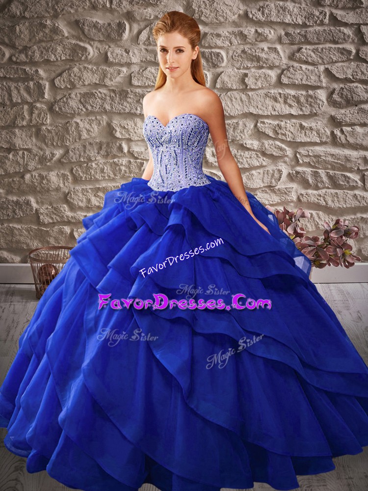 Luxury Beading and Ruffled Layers Ball Gown Prom Dress Royal Blue Lace Up Sleeveless Floor Length