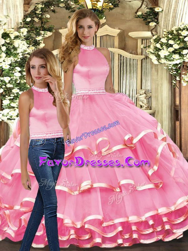  Pink Backless Sweet 16 Quinceanera Dress Ruffled Layers Sleeveless Floor Length