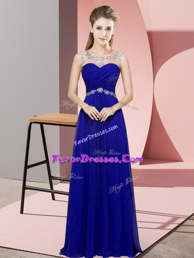 Fashion Blue Empire Chiffon Scoop Sleeveless Beading Floor Length Backless Prom Party Dress