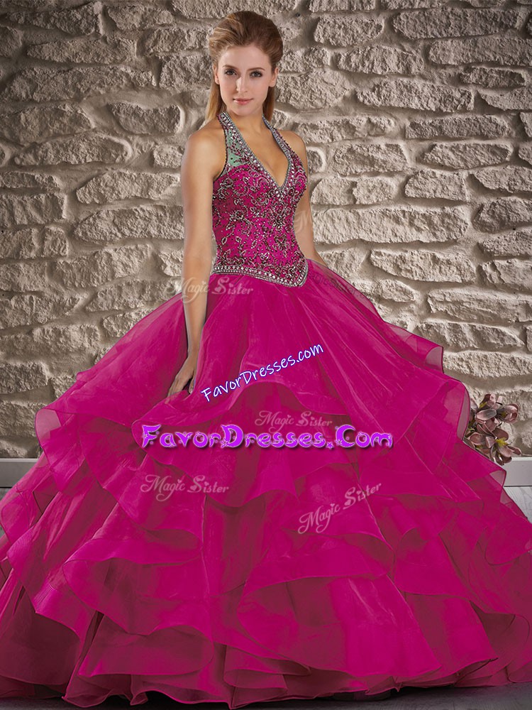 Romantic Fuchsia Lace Up Halter Top Beading and Ruffles Quince Ball Gowns Tulle Sleeveless Brush Train