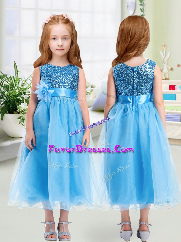  Baby Blue Scoop Zipper Sequins and Hand Made Flower Flower Girl Dresses for Less Sleeveless