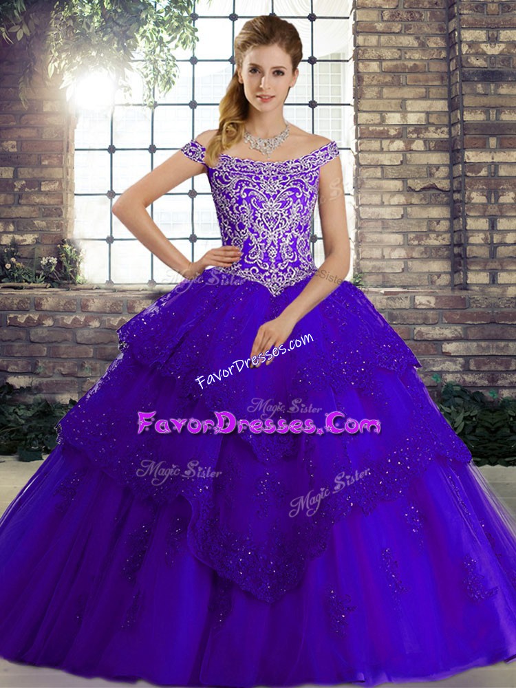 Elegant Purple Tulle Lace Up Sweet 16 Quinceanera Dress Sleeveless Brush Train Beading and Lace