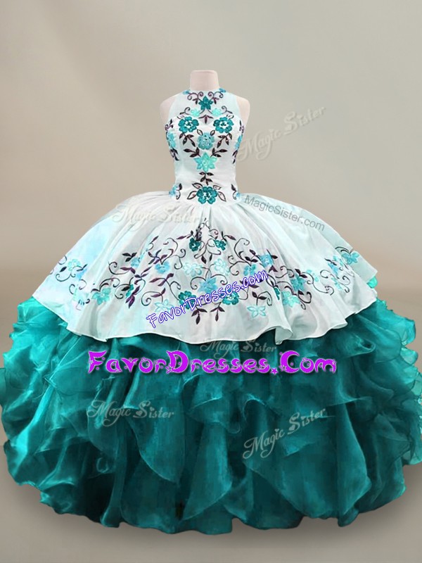 Hot Sale Teal Sleeveless Embroidery and Ruffles Floor Length 15th Birthday Dress
